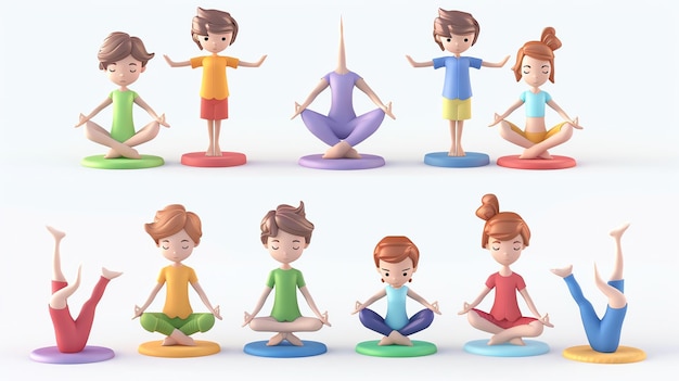 Photo 3d illustration of cartoon children practicing yoga poses on colorful mats