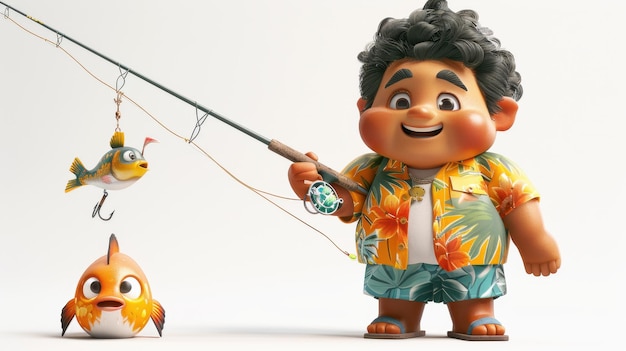 Photo 3d illustration of a cartoon fisherman with a fishing rod and a fish on a white background