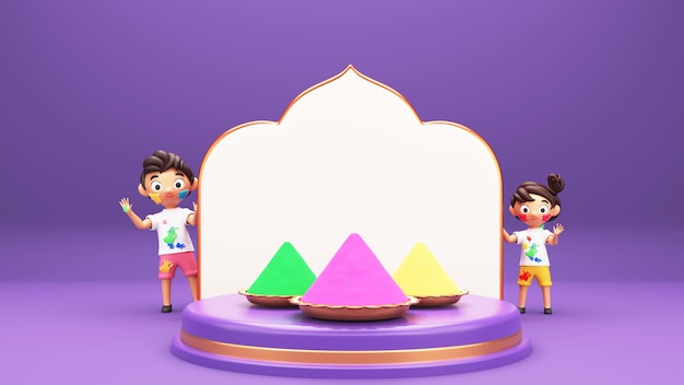 3D Illustration Of Cartoon Kids Standing With Empty Arched Frame And Color Powder Gulal Plates On Podium Purple Background