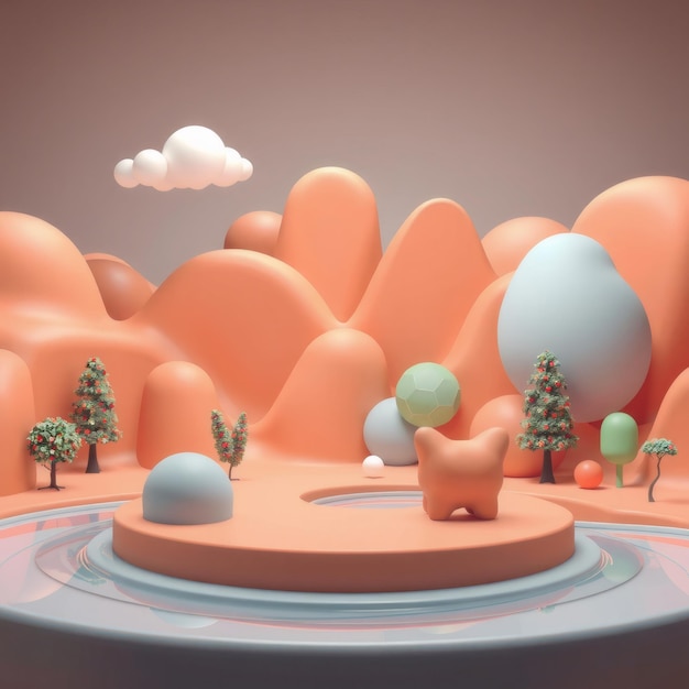 Photo a 3d illustration of a cartoon landscape with trees spheres and a platform