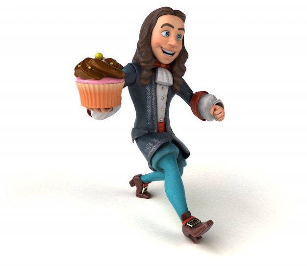 3D Illustration of a cartoon man in historical baroque costume with cupcake