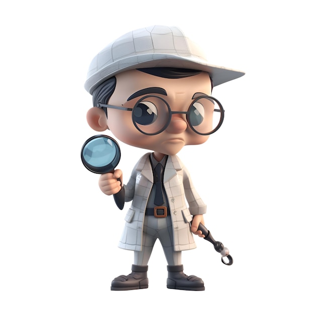 3D illustration of a cartoon mechanic with a magnifying glass isolated on white background