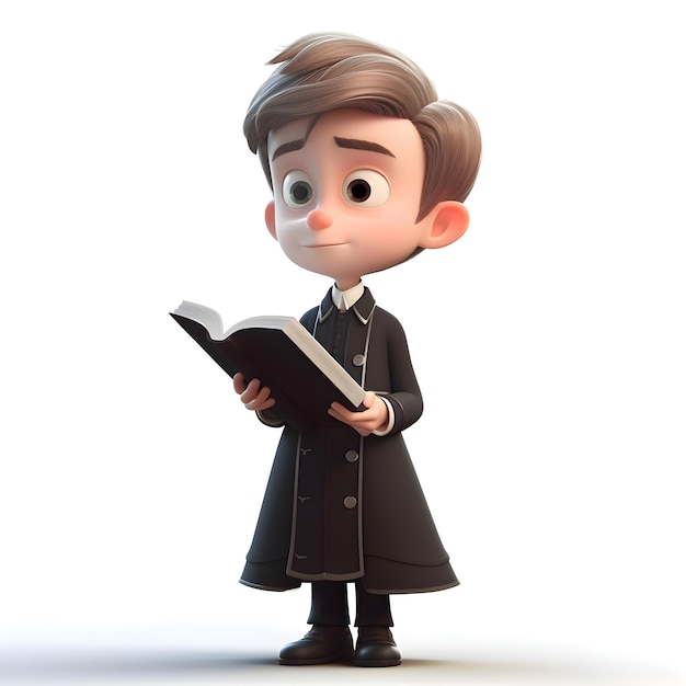 3D Illustration of a cartoon priest reading a holy bible