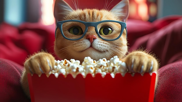 Photo 3d illustration of a cat in glasses with popcorn in his paws looking at the camera