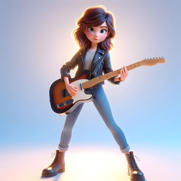 3D illustration of charming girl playing an electric guitar