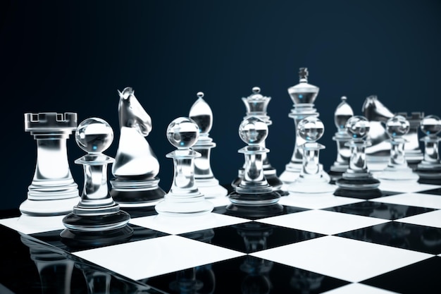 3D illustration Chess game on board. Concepts business ideas and strategy ideas. Glass chess figures on a dark background with depth of field effects.