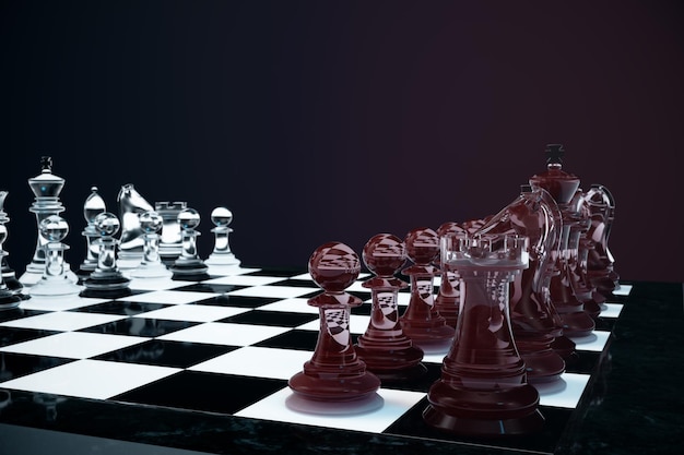 3D illustration Chess game on board. Concepts business ideas and strategy ideas. Glass chess figures on a dark background with depth of field effects.