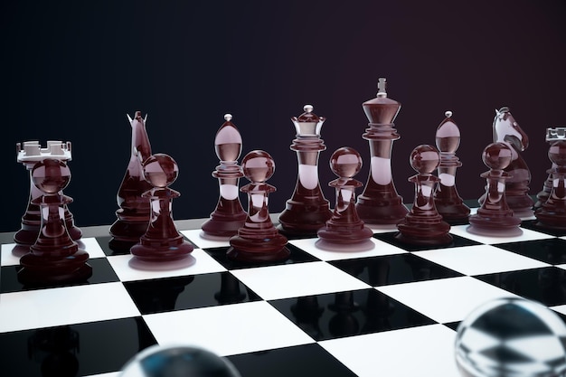 3D illustration Chess game on board. Concepts business ideas and strategy ideas. Glass chess figures on a dark background with depth of field effects.