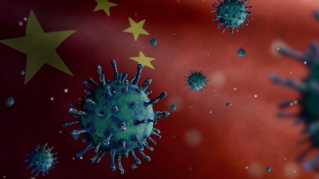 3D illustration Chinese flag waving and Coronavirus 2019 nCov concept. Asian outbreak in China, coronaviruses influenza as dangerous flu strain cases as a pandemic. Microscope virus Covid19 close up.