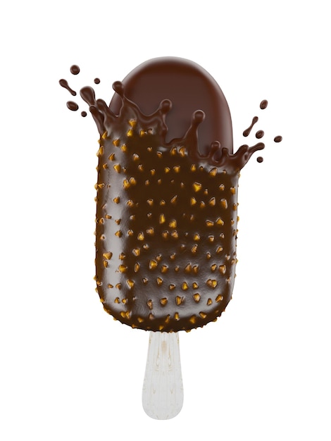 3D illustration of chocolate ice cream bar with nuts and splash work path or clipping path included