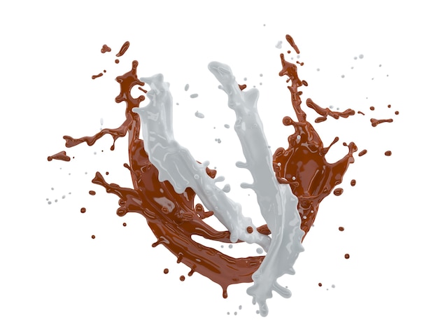 3d illustration of chocolate and milk splash on white background with clipping path