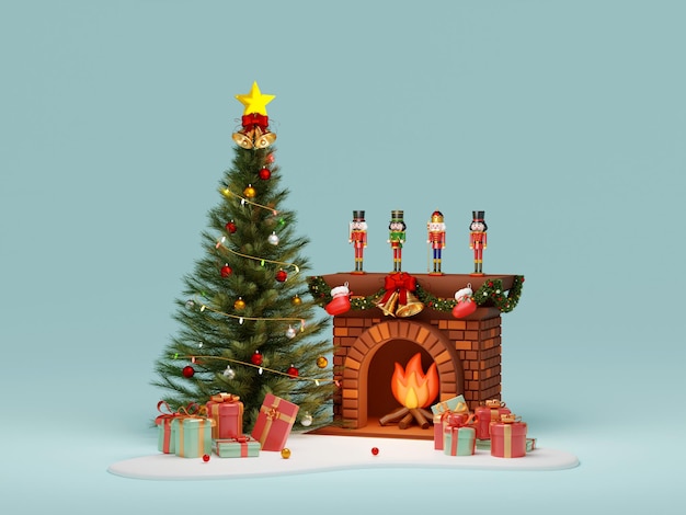 3d illustration Christmas banner of Christmas tree fireplace and giftbox on blue background