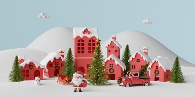 3d illustration of Christmas banner Santa Claus in the snow village Merry Christmas