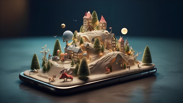 3d illustration of Christmas house and decoration on mobile device