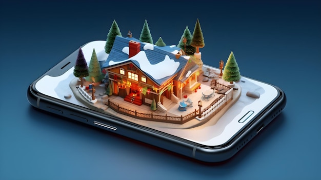 3d illustration of Christmas house decoration on smartphone