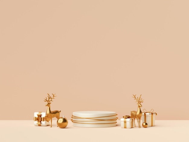 3d illustration of Christmas podium with reindeer and gift box Merry Christmas