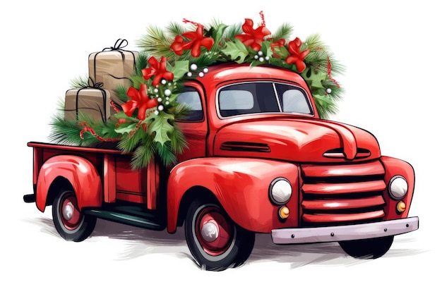 3D illustration of a Christmas red retro truck carrying Christmas decorations