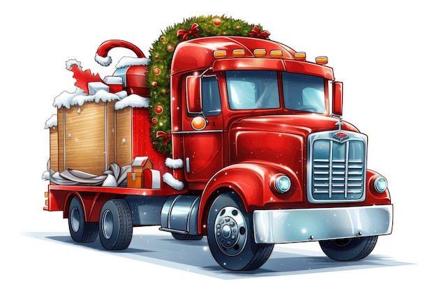 3D illustration of a Christmas red retro truck carrying Christmas decorations