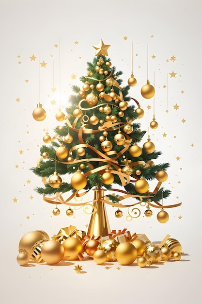 3d illustration christmas tree gold theme white background