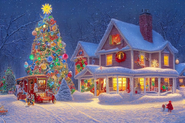 3D illustration of a Christmas tree house with ornaments and colored lights surrounded by snow