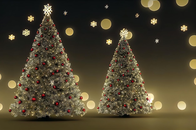 3D illustration Christmas Tree With Baubles And Blurred Shiny Lights