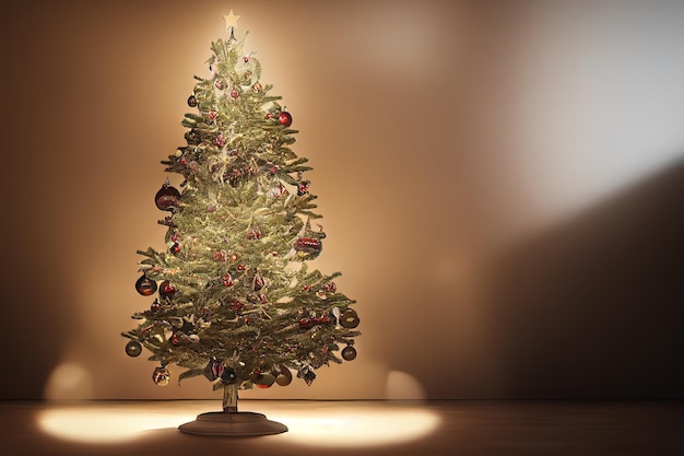 3d illustration of christmas tree with bokeh light in room