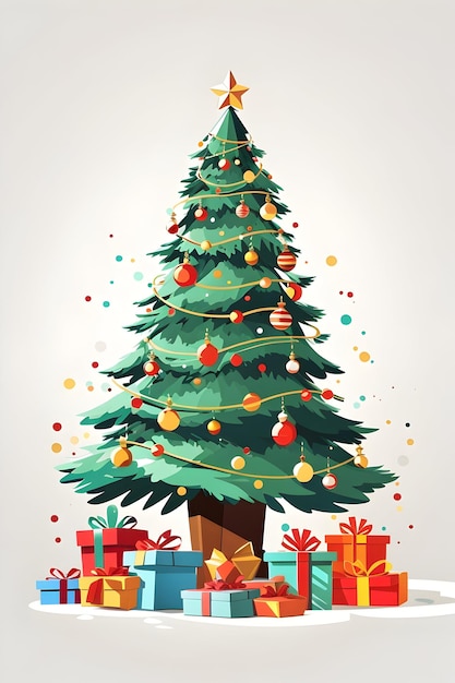 3d illustration christmas tree with gifts around it on white background