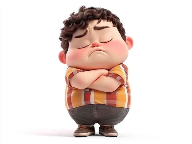 Photo 3d illustration of a chubby boy with crossed arms looking upset and pouting