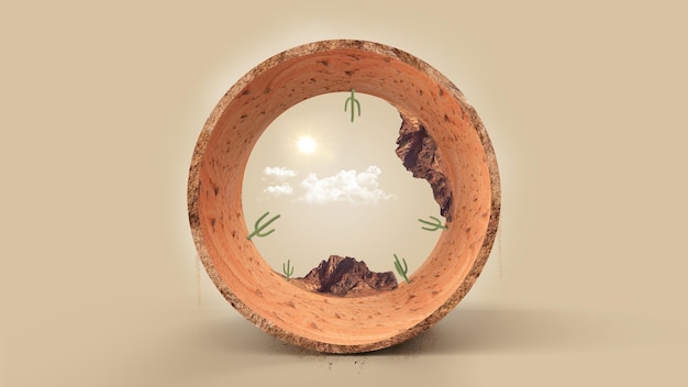 3d illustration circle desert isolated in circle shape mountain cactus sand travel and vacation