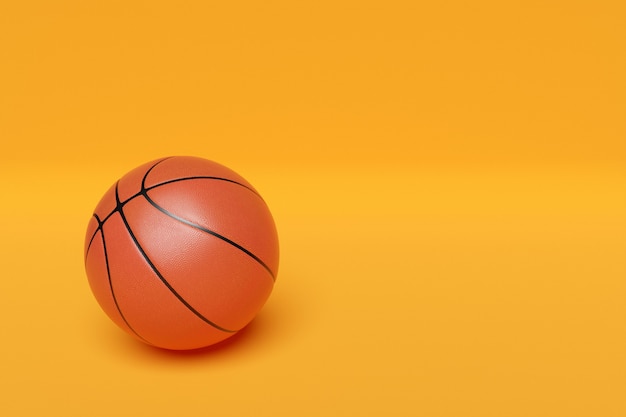 3d illustration of classic orange basketball ball with stripes on yellow isolated background