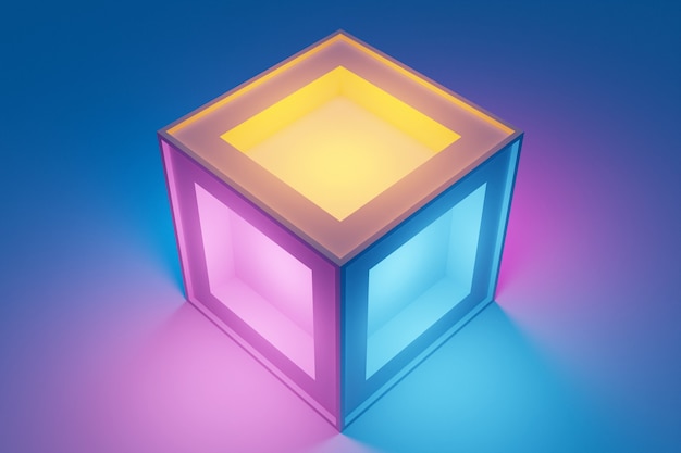 3d illustration classic still life with a geometric volumetric figure of a lighting cube with a shadow under blue, pink, orange neon color