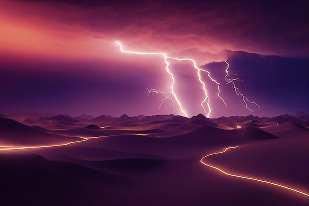 3d illustration of climate change in desert lightning storm with thunder