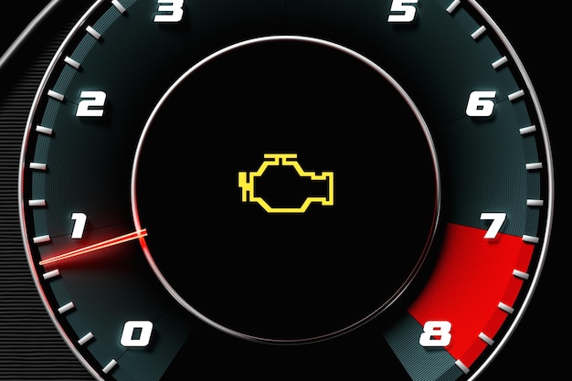 3D illustration close up black car panel digital bright tachometer engine icon blinking on black isolated background