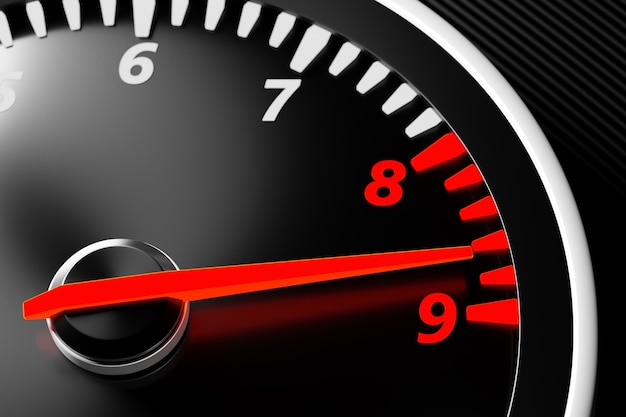 3D illustration close up black car panel, digital bright tachometer. Tachometer arrow shows maximum speed