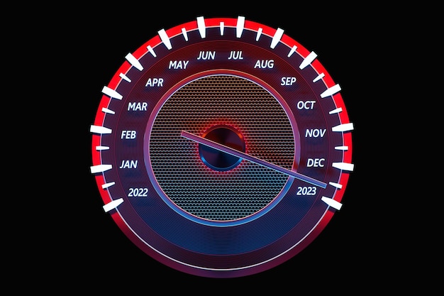 3D illustration close up black speedometer with cutoffs 20222023 and calendar months The concept of the new year and Christmas in the automotive field Counting months time until the new yearxA