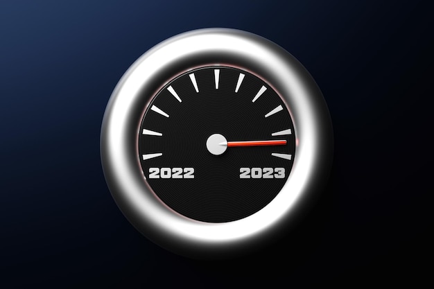 3D illustration close up black speedometer with cutoffs 20222023 and calendar months The concept of the new year and Christmas in the automotive field Counting months time until the new yearxA