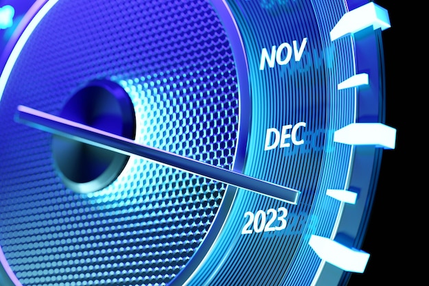 3D illustration close up black speedometer with cutoffs 2023 and calendar months The concept of the new year and Christmas in the automotive field Counting months time until the new yearxA