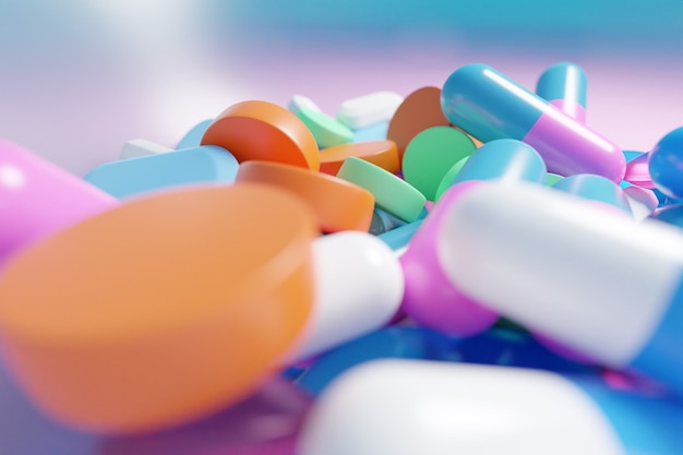 3d illustration closeup Pink, green, white, yellow pills on a blurred background