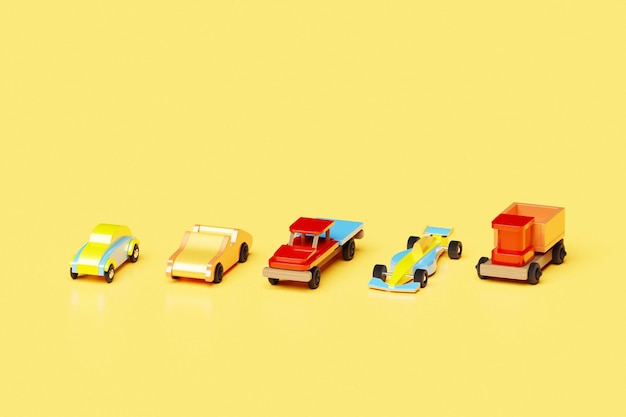 3d illustration colorful models of childrens cars of various types racing trucks pickups