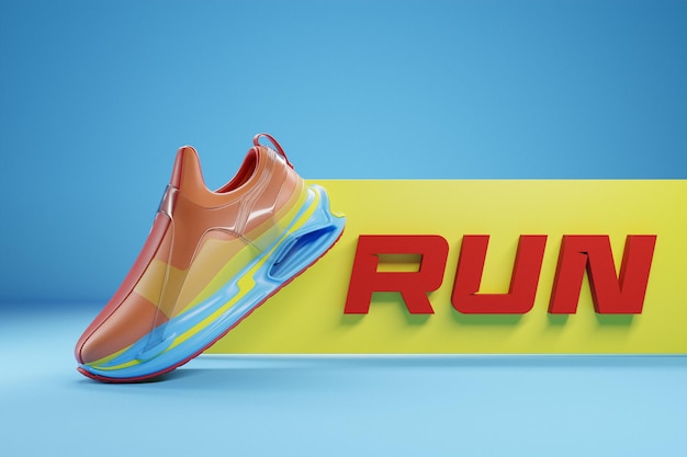 3d illustration of colorful new sports sneakers on a huge colorful foam sole on a purple isolated background sneakers with the phrase run Fashionable sneakers