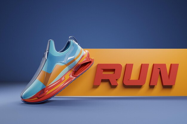 3d illustration of colorful new sports sneakers on a huge colorful foam sole on a purple isolated background sneakers with the phrase run Fashionable sneakers