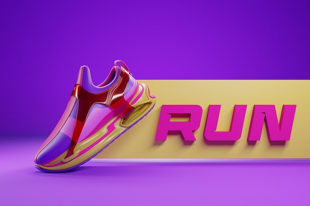 3d illustration of colorful new sports sneakers on a huge colorful foam sole on a purple isolated background sneakers with the phrase run Fashionable sneakers