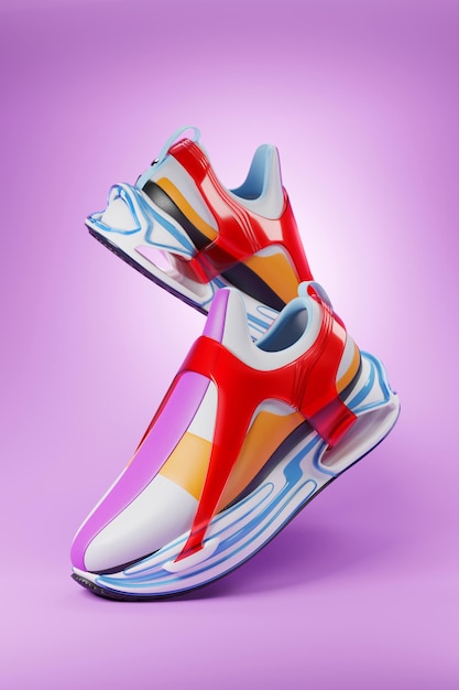 3d illustration of colorful sneakers with foam soles and closure under neon color on a purple background Sneakers side view Fashionable sneakers