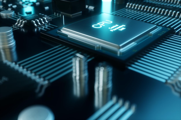 3D illustration computer chip, a processor on a printed circuit board. The concept of data transfer to the cloud. Central processor in the form of artificial intelligence. Data transfer.