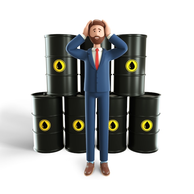 3D illustration concept of glut in oil market. Disappointed businessman with huge oil reserve.