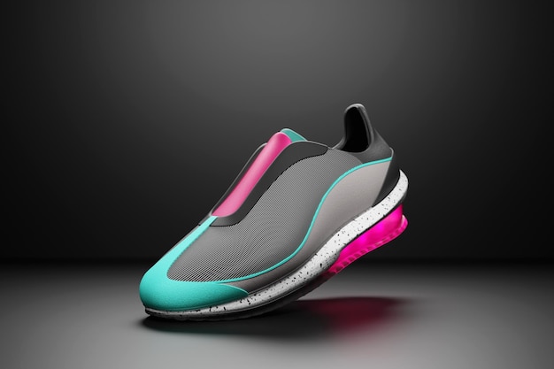 3D illustration of a concept shoe for the metaverse Colorful sports boot sneaker on a high platform