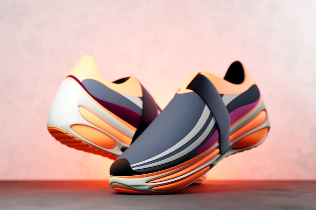 3D illustration of a concept shoe for the metaverse Colorful sports boot sneaker on a high platform