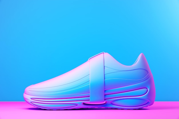 3D illustration of a concept shoe for the metaverse Colorful sports boot sneaker on a high platform