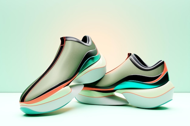 3D illustration of a concept shoe for the metaverse Colorful sports boot sneaker on a high platform