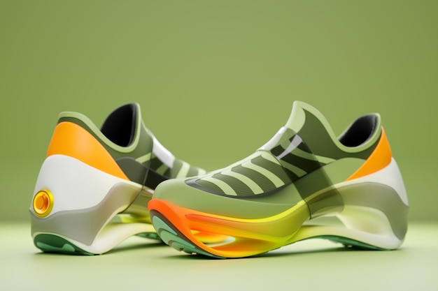 3D illustration of a concept shoe for the metaverse Green sports boot sneakers on a high platform